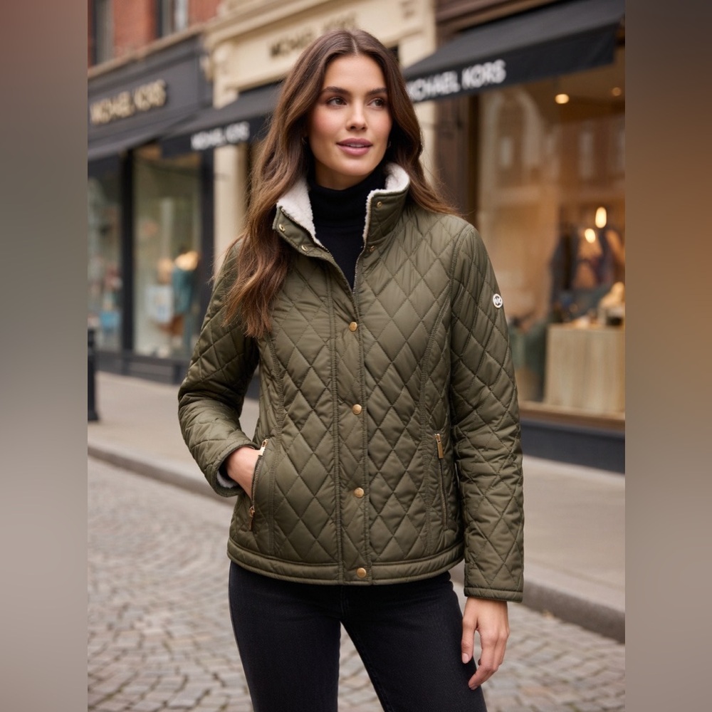 Michael Kors Olive Green Quilted Puffer Jacket with Shearing Collar, Large